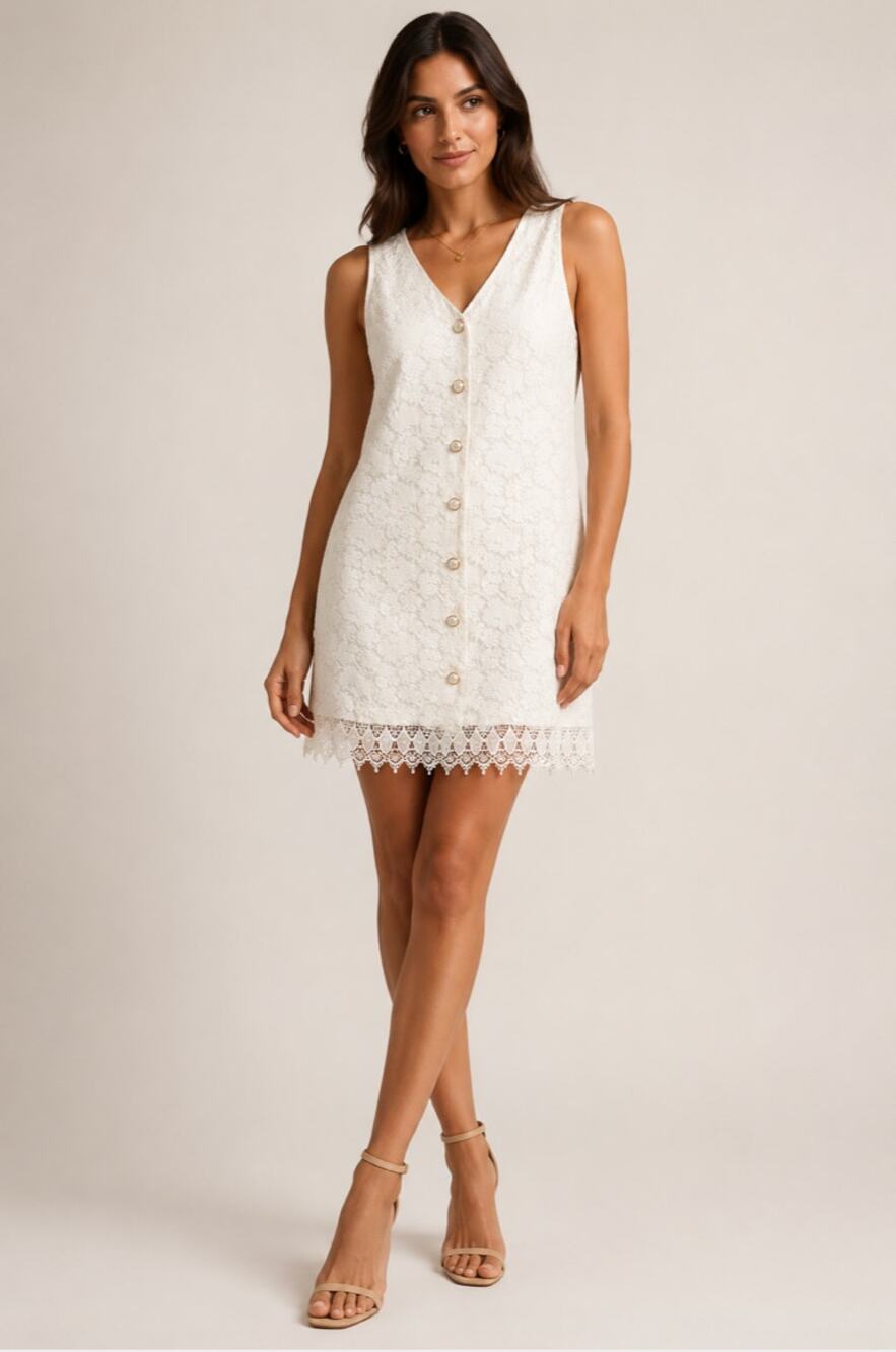 All That Jazz White Lace Button Front Mini Dress Sleeveless V Neck Lace Hem